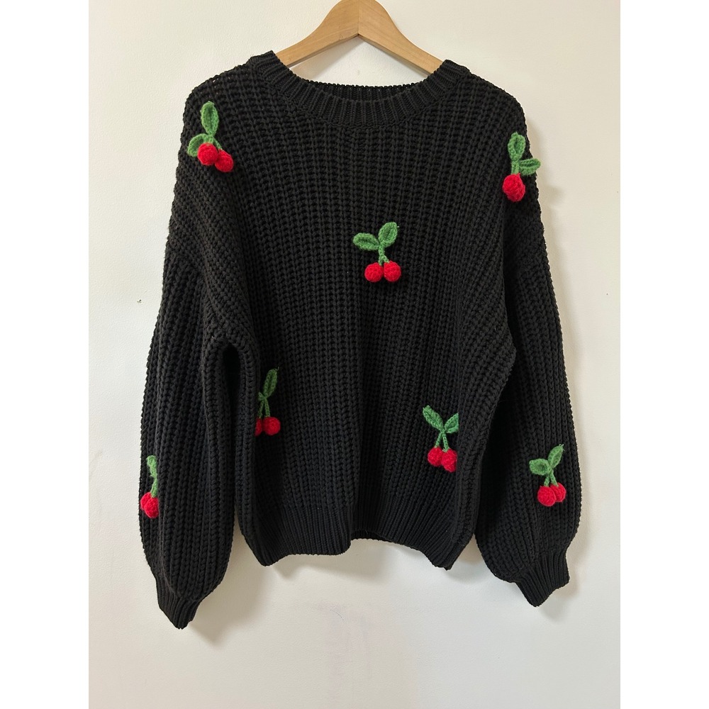 Aaron & Amber Cherry Chunky Knit Sweater Women M Black Coquette Applique